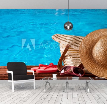 Picture of Summer accessories on wooden planks